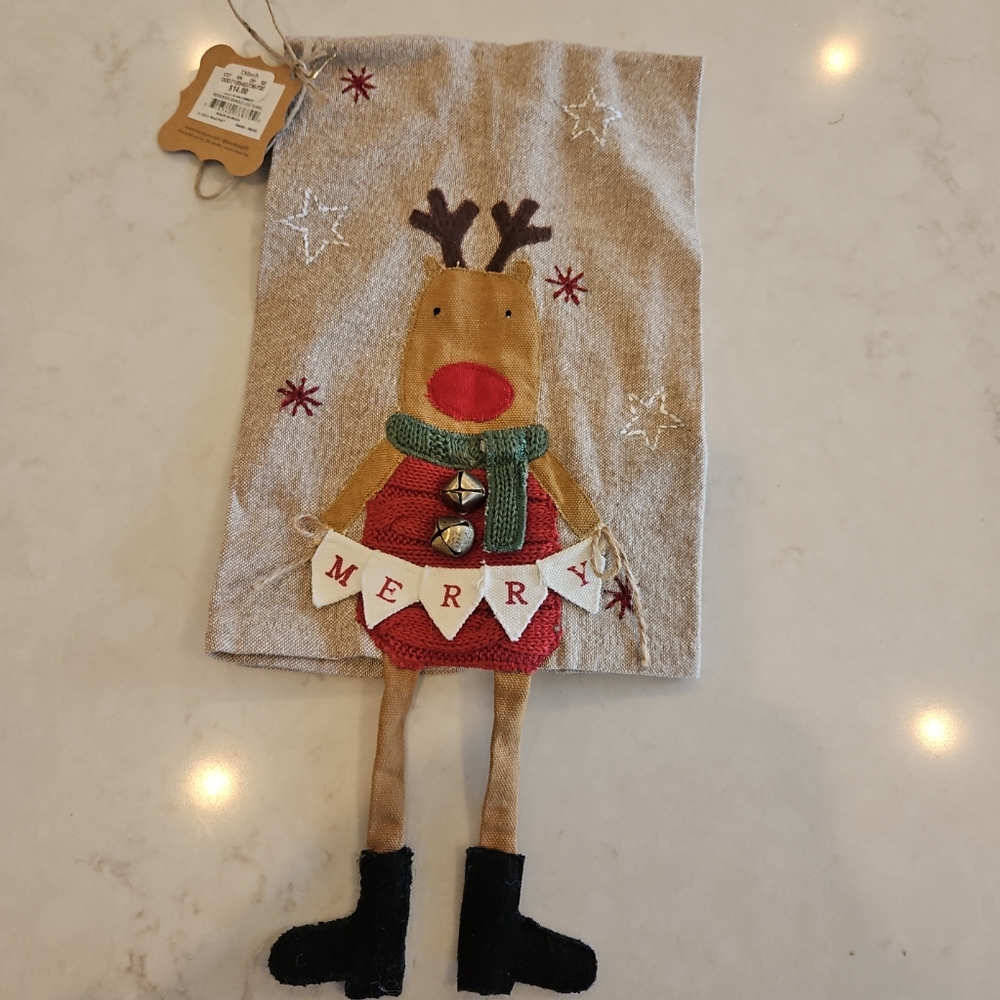Mud Pie Christmas Kitchen Reindeer Dangle Leg  Rudolph Tea Towel  NEW